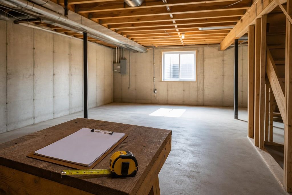 Unfinished basement space with exposed joists and concrete floor ready for basement finishing in Basking Ridge