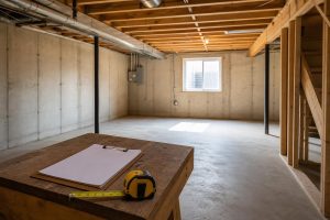 Unfinished basement space with exposed joists and concrete floor ready for basement finishing in Basking Ridge